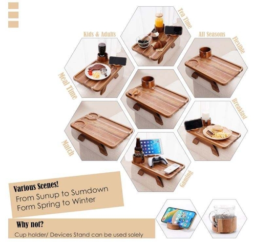 Acacia Wood Sofa Arm Tray OEM | 3-in-1 Cup Holder Clip-On | Rotating Phone Stand