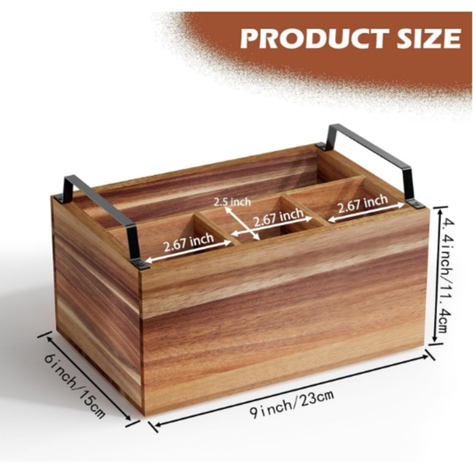 Acacia Wood Silverware Caddy OEM | FSC 4-Compartment Utensil Organizer | Metal Handles