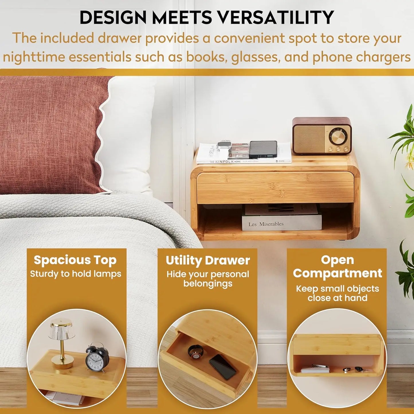 Wholesale Bamboo Floating Bedside Table | Wall-Mounted Nightstand with Drawer | Factory Direct
