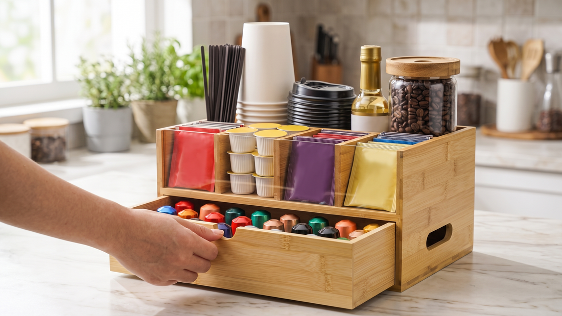 A bamboo coffee station organizer with a pod drawer and clear tea compartments on a kitchen counter
