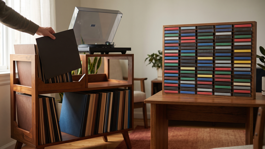 A mid-century wooden record player stand and a wooden desktop cassette tape stand in a music room