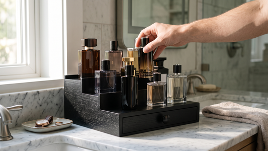 A black three-tier wooden cologne organizer with a drawer on a modern bathroom counter