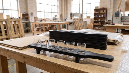 A black solid wood shot glass flight board with six clear shot glasses on a factory packing table