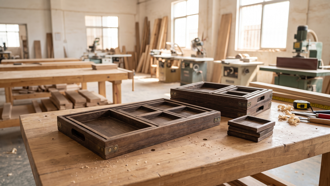 A nested set of dark wooden serving trays with handles and metal corners on a factory workbench