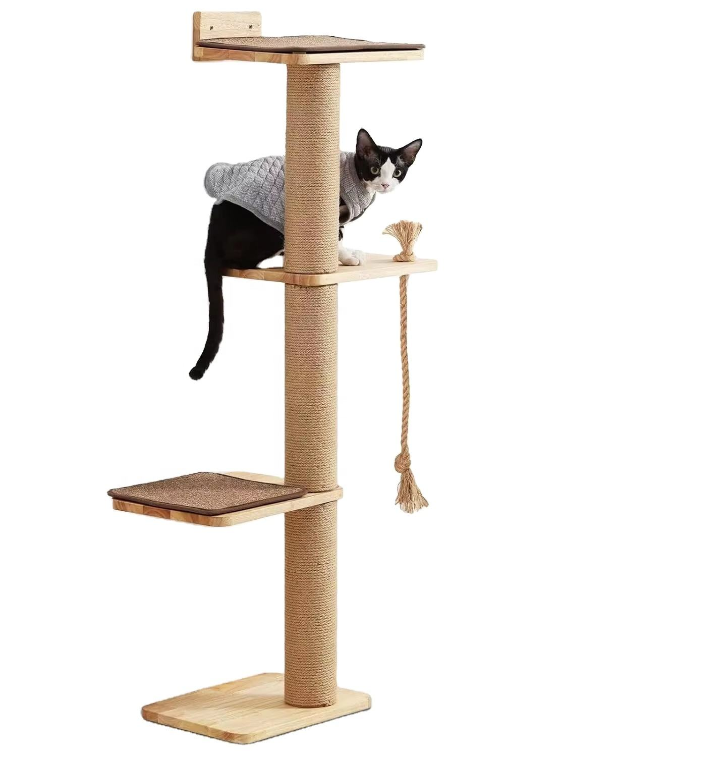 Wood Cat Tree OEM | 50in Wall Hanging | Rubberwood Cat Scratching Beds Custom