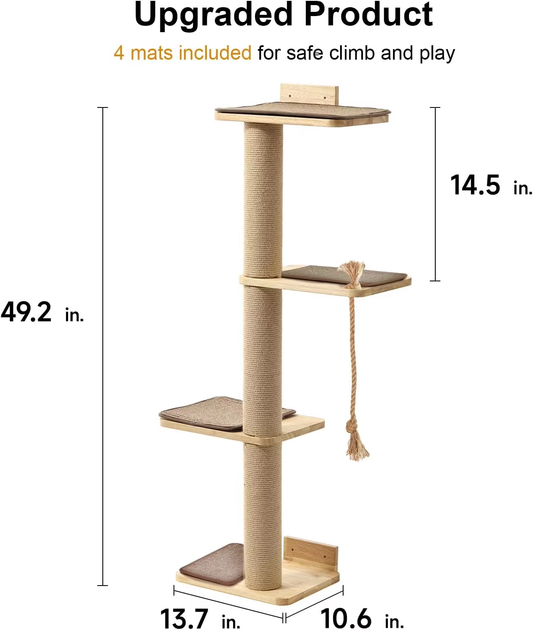 50-Inch Wall Hanging Cat Scratching Tree for Large Cats and Kittens with Cat Beds and Rubberwood-Pet Houses and Furniture