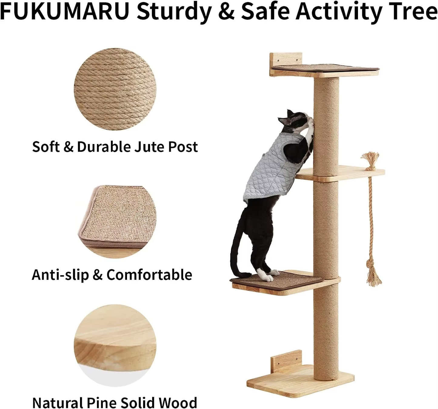 Wood Cat Tree OEM | 50in Wall Hanging | Rubberwood Cat Scratching Beds Custom