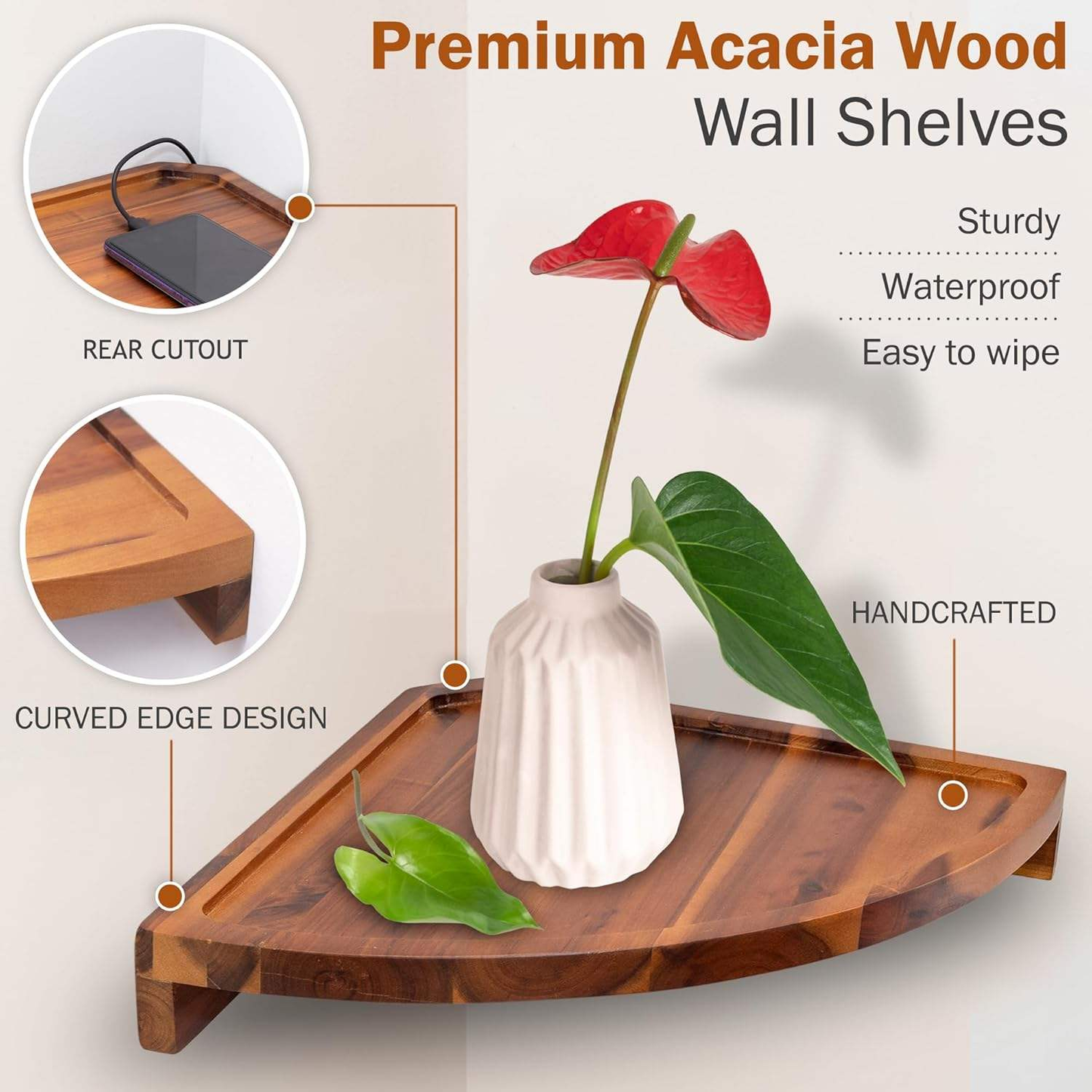 Acacia Wood Floating Shelves OEM | Rounded Corner Wall Mount | Space-Saving Custom