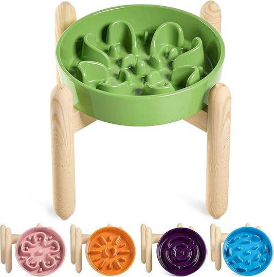Wooden Stand with Ceramic Slow Feeder Dog Bowl Elevated, 1.5 Cups Anti-Gulping Anti-Choking Pet Dishes for Small Medium Breed