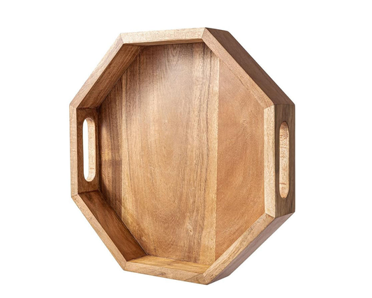12 Inch Acacia Wood Country Tray, Decorative Octagonal Coffee Table Farmhouse Tray with Hollow Handle