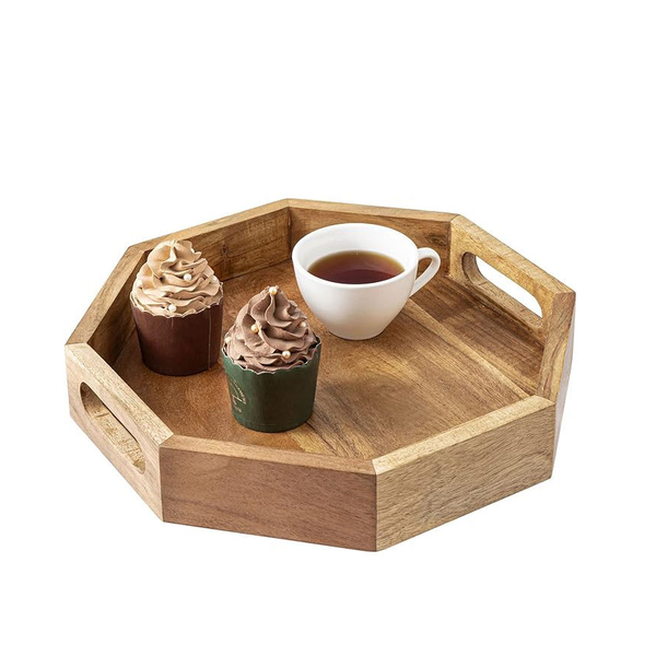 Acacia Wood Serving Tray OEM | 12in Octagonal Farmhouse | Hollow Handle Custom