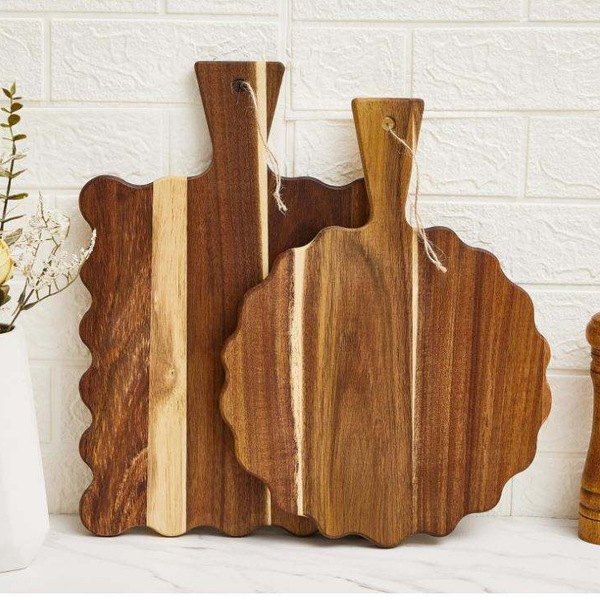 Acacia Wood Cutting Board OEM | 2pcs Scalloped Charcuterie Serving Tray | Custom