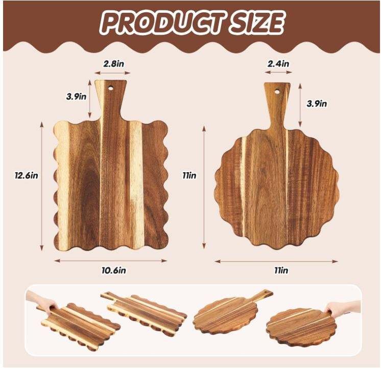 Acacia Wood Cutting Board OEM | 2pcs Scalloped Charcuterie Serving Tray | Custom