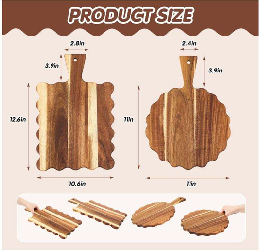 Custom 2 Pcs Acacia Wood Scalloped Cutting Chopping Board with Handle Decorative for Kitchen Charcuterie Boards Serving Tray