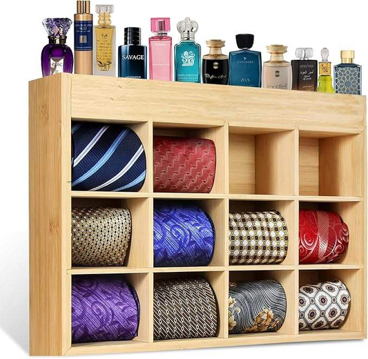 2-in-1 Bamboo Wall Rack for Tie Box Storage and Perfume Display Closet Accessories for Dressing Table Sorting Wall Mounted