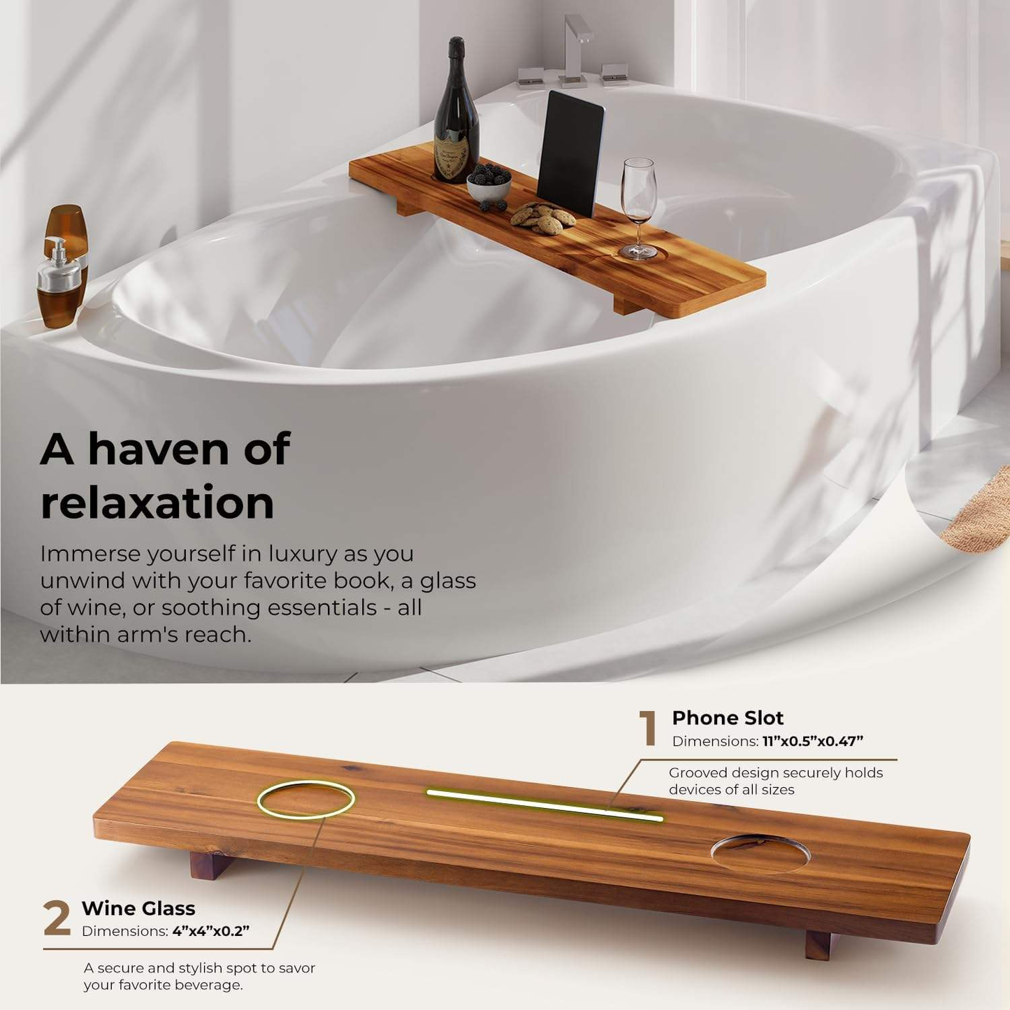 Acacia Wood Bathtub Tray OEM | 35in Luxury Bath Caddy Organizer | Anti-Tilt Custom