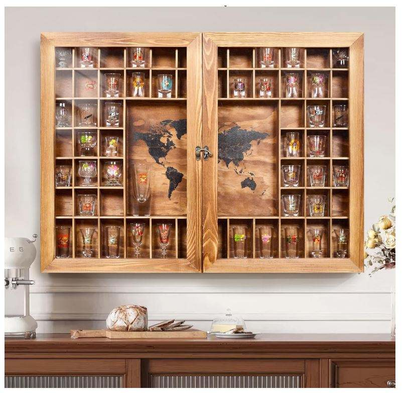 Wooden Shot Glass Display Case OEM | World Map 60-Slot Rustic | Acrylic Door Custom