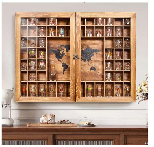 Large World Map Shot Glass Display Case with Acrylic Glass Door 60 Slots Rustic Wood Holder for 2 Different Size Shot Glasses
