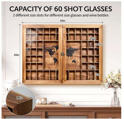 Wooden Shot Glass Display Case OEM | World Map 60-Slot Rustic | Acrylic Door Custom