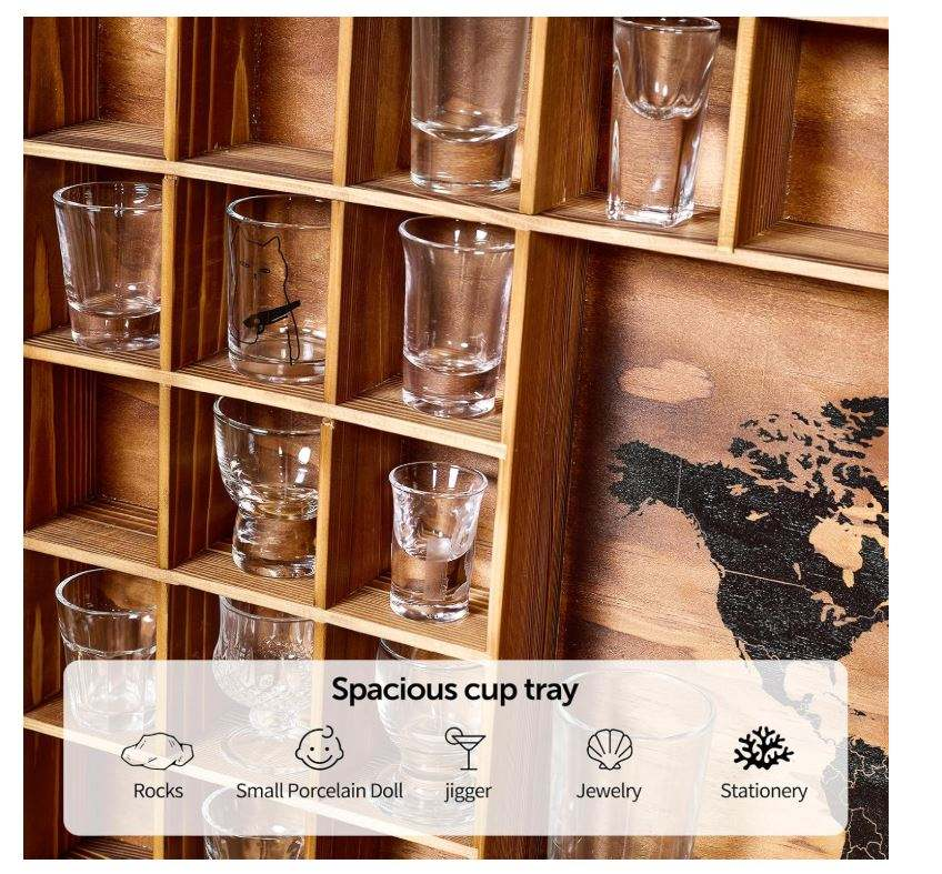 Wooden Shot Glass Display Case OEM | World Map 60-Slot Rustic | Acrylic Door Custom