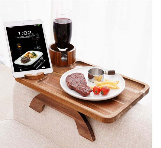 Acacia Wood Sofa Arm Tray OEM | 3-in-1 Cup Holder Clip-On | Rotating Phone Stand