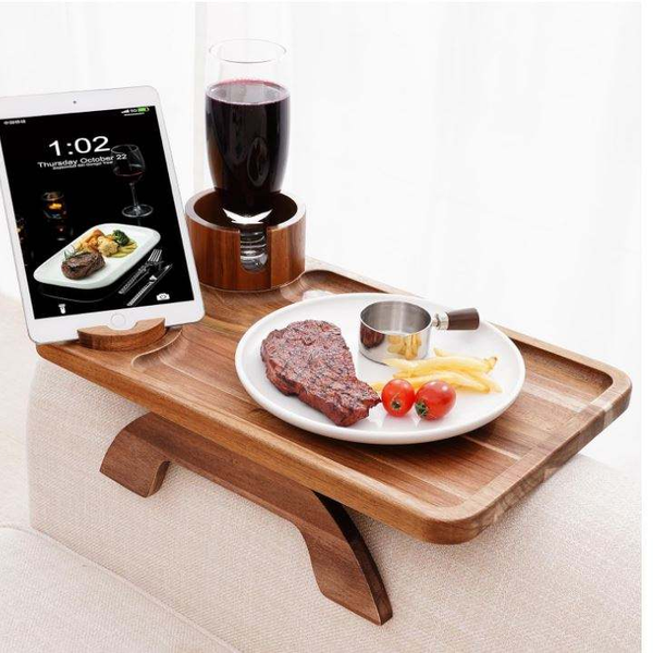 Acacia Wood Sofa Arm Tray OEM | 3-in-1 Cup Holder Clip-On | Rotating Phone Stand