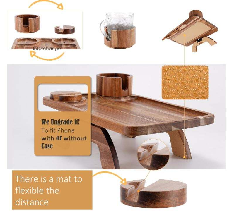 Acacia Wood Sofa Arm Tray OEM | 3-in-1 Cup Holder Clip-On | Rotating Phone Stand