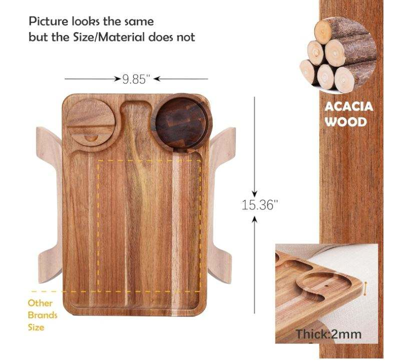 Acacia Wood Sofa Arm Tray OEM | 3-in-1 Cup Holder Clip-On | Rotating Phone Stand