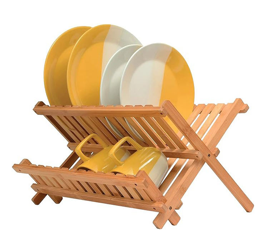 Collapsible Bamboo Dish Rack 2-Tier Wooden Drainer Foldable Space-Saving Design for Dishes Plates Cups