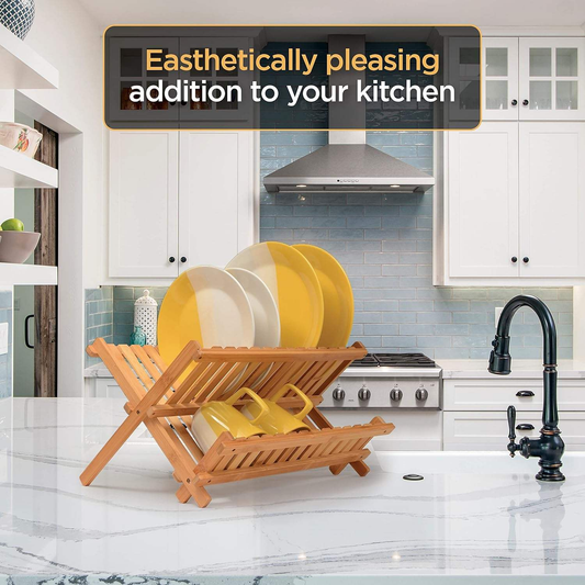 Collapsible Bamboo Dish Rack 2-Tier Wooden Drainer Foldable Space-Saving Design for Dishes Plates Cups