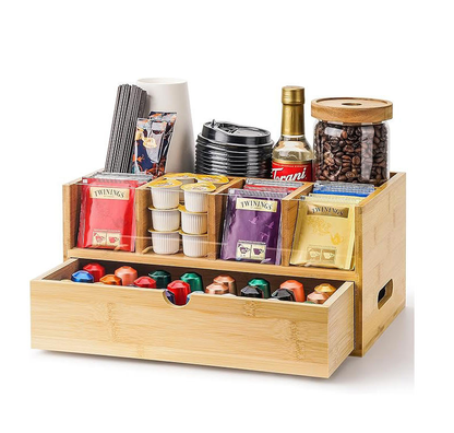 Bamboo Coffee Bar Organizer OEM | K-Cup Tea Station with Drawer | Kitchen Custom