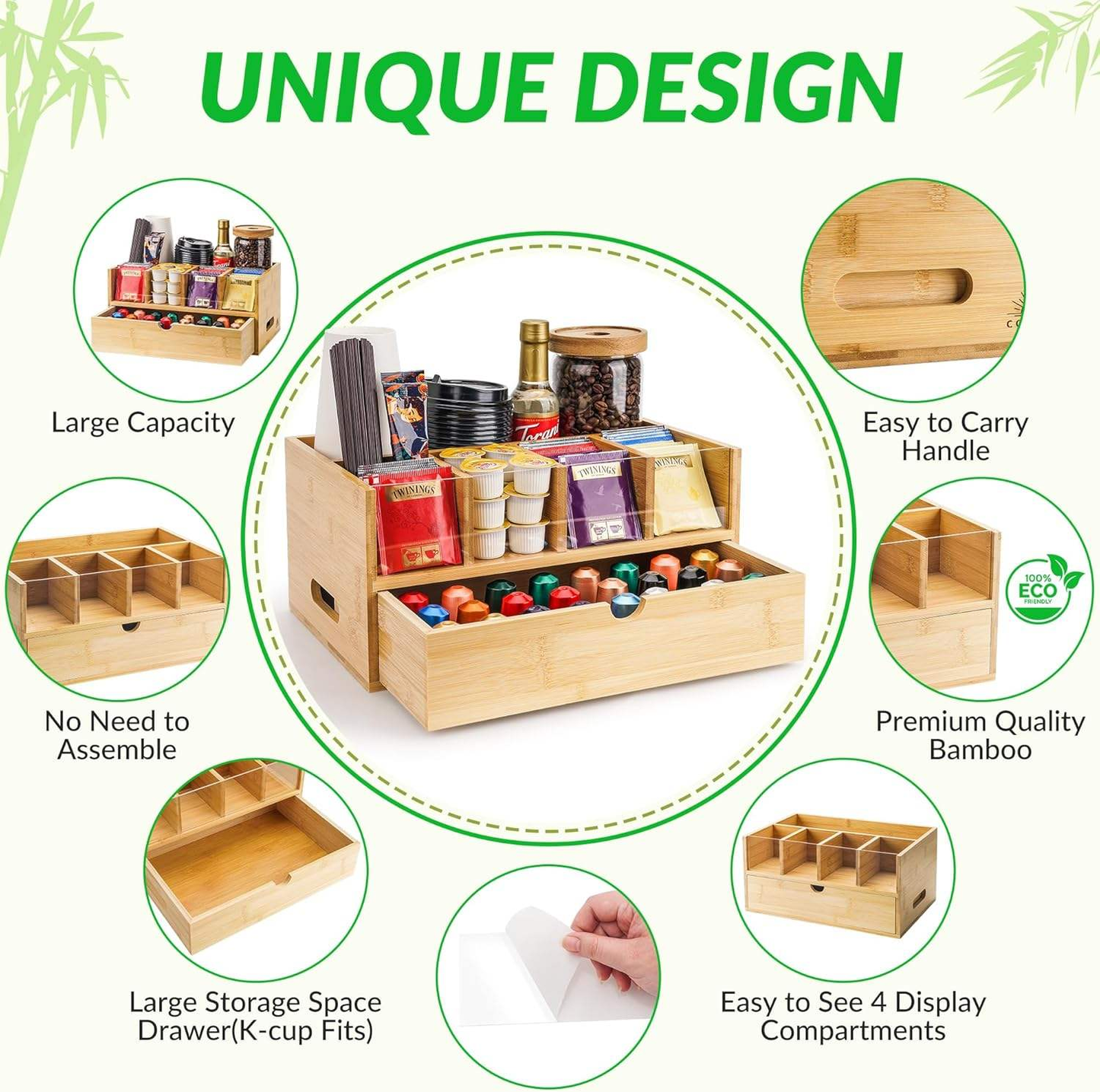 Bamboo Coffee Bar Organizer OEM | K-Cup Tea Station with Drawer | Kitchen Custom