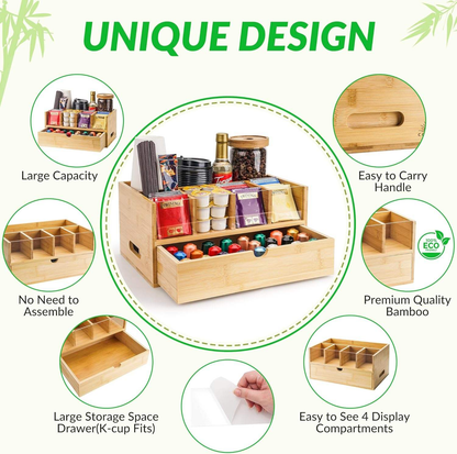 Bamboo Coffee Bar Organizer OEM | K-Cup Tea Station with Drawer | Kitchen Custom