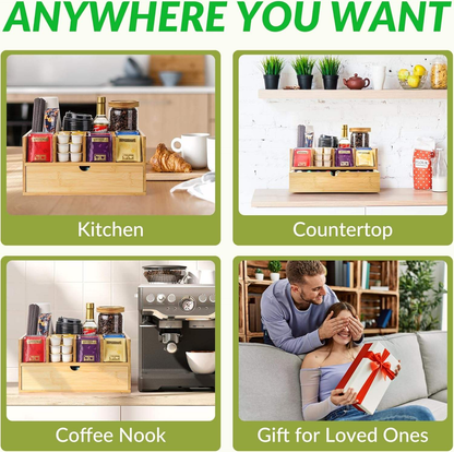 Bamboo Coffee Bar Organizer OEM | K-Cup Tea Station with Drawer | Kitchen Custom