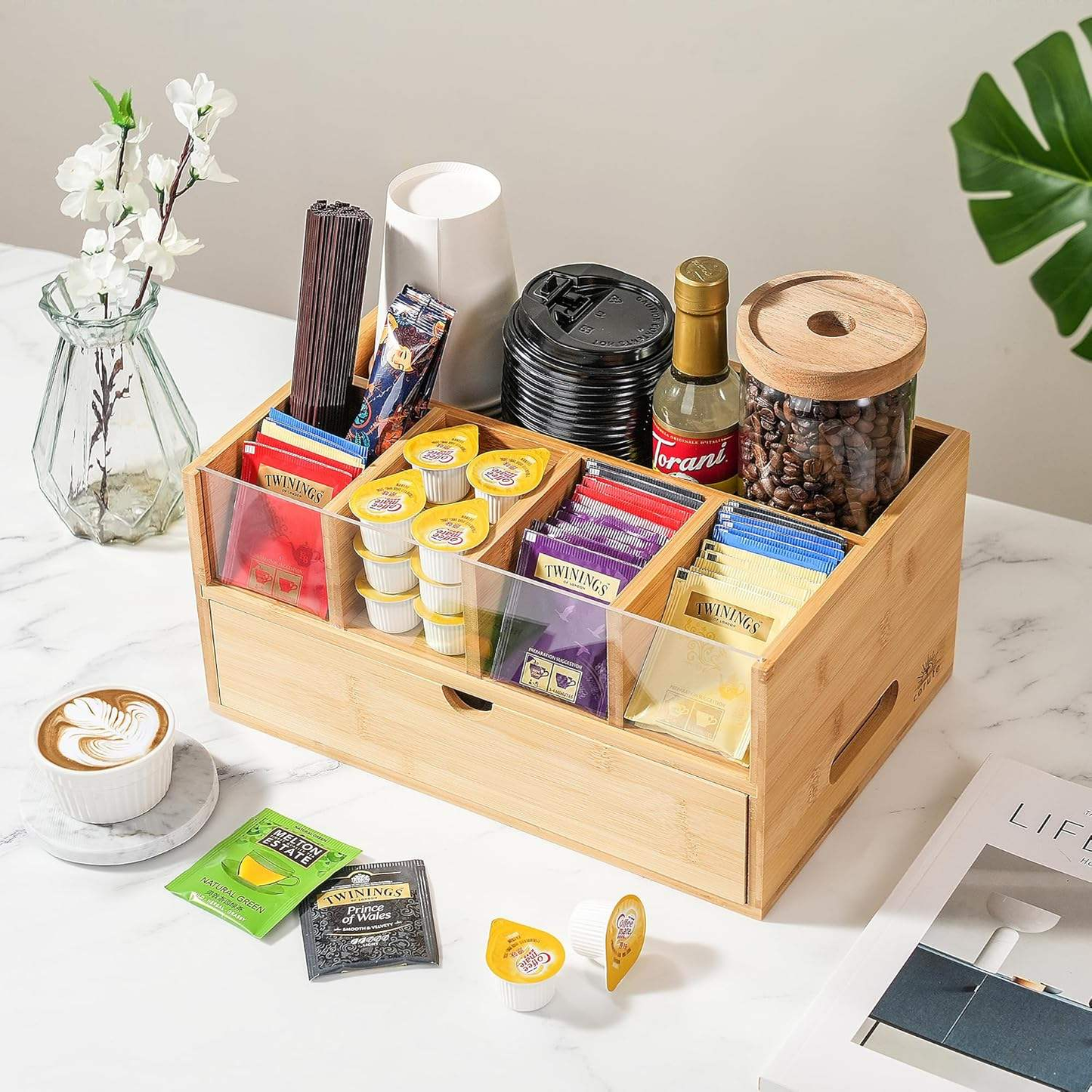 Bamboo Coffee Bar Organizer OEM | K-Cup Tea Station with Drawer | Kitchen Custom