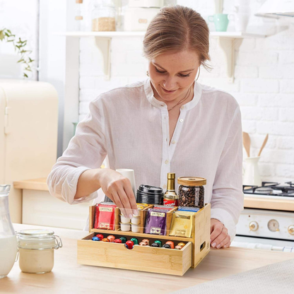 Bamboo Coffee Bar Organizer OEM | K-Cup Tea Station with Drawer | Kitchen Custom