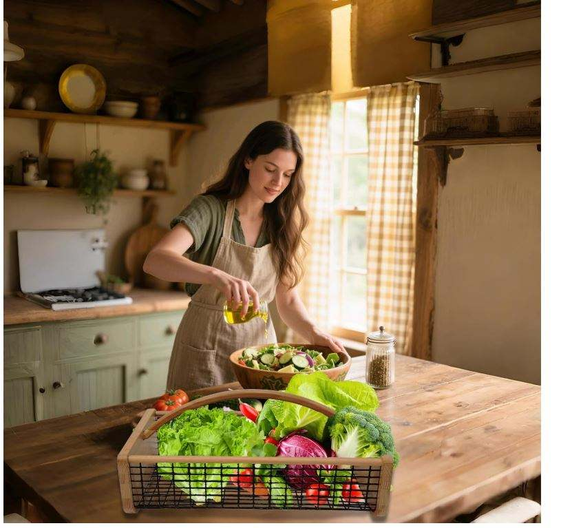 Wooden Garden Harvest Basket OEM | Wire Mesh Picking Hod | Outdoor Kitchen Custom