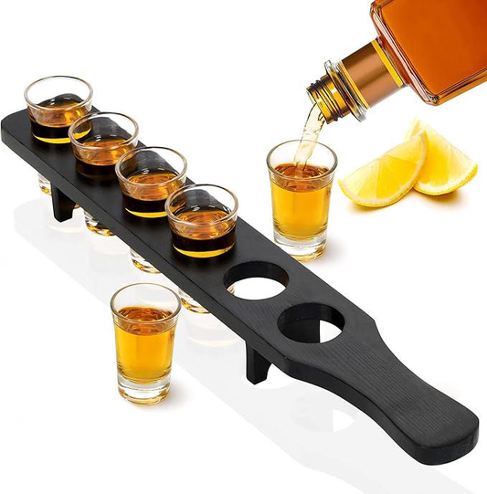 6-cup set - Tequila glass with wooden stand - Transparent glass for restaurants, bars, and parties
