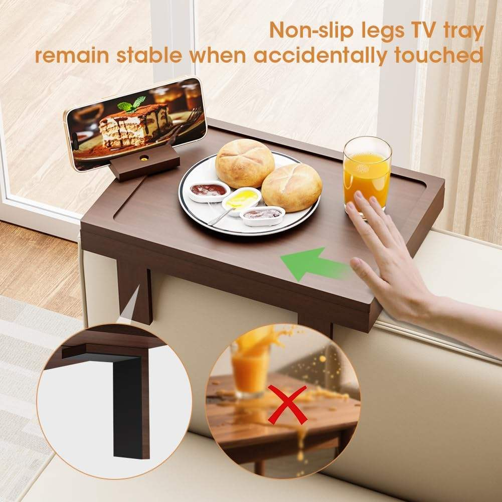 Bamboo TV Tray OEM | Sofa Armrest Table | 360° Rotating Drawer Adjustable Legs