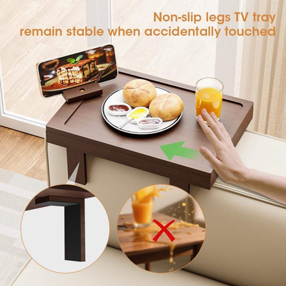 Bamboo TV Tray OEM | Sofa Armrest Table | 360° Rotating Drawer Adjustable Legs