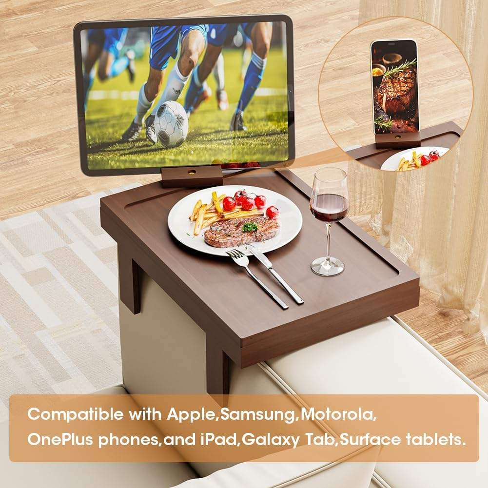 Bamboo TV Tray OEM | Sofa Armrest Table | 360° Rotating Drawer Adjustable Legs