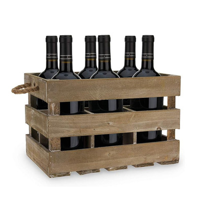 Wooden Wine Crate OEM | Rustic 6-Bottle Storage Rack | Jute Rope Handles Custom
