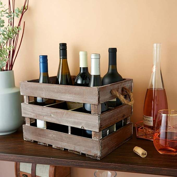 Wooden Wine Crate OEM | Rustic 6-Bottle Storage Rack | Jute Rope Handles Custom