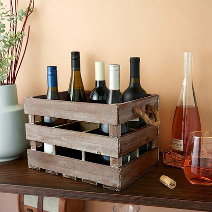 Wooden Wine Crate OEM | Rustic 6-Bottle Storage Rack | Jute Rope Handles Custom