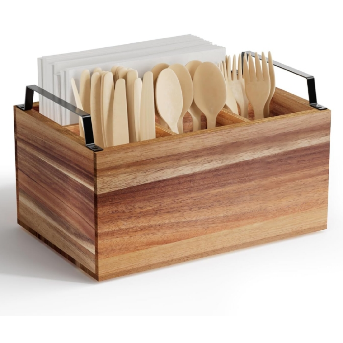 Wholesale 4-Compartment FSC Acacia Wood Silverware Caddy | Premium Utensil Organizer Holder with Metal Handles for Catering & Kitchen