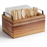 Acacia Wood Silverware Caddy OEM | FSC 4-Compartment Utensil Organizer | Metal Handles