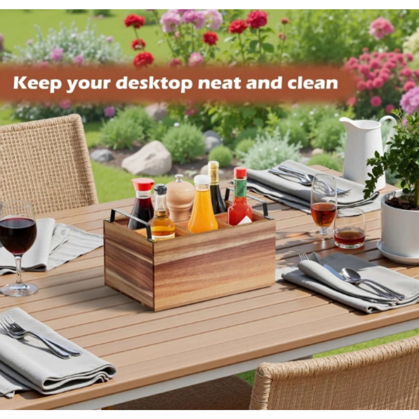 Wholesale 4-Compartment FSC Acacia Wood Silverware Caddy | Premium Utensil Organizer Holder with Metal Handles for Catering & Kitchen