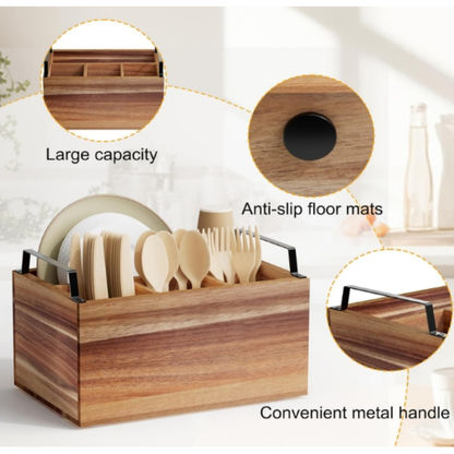 Wholesale 4-Compartment FSC Acacia Wood Silverware Caddy | Premium Utensil Organizer Holder with Metal Handles for Catering & Kitchen