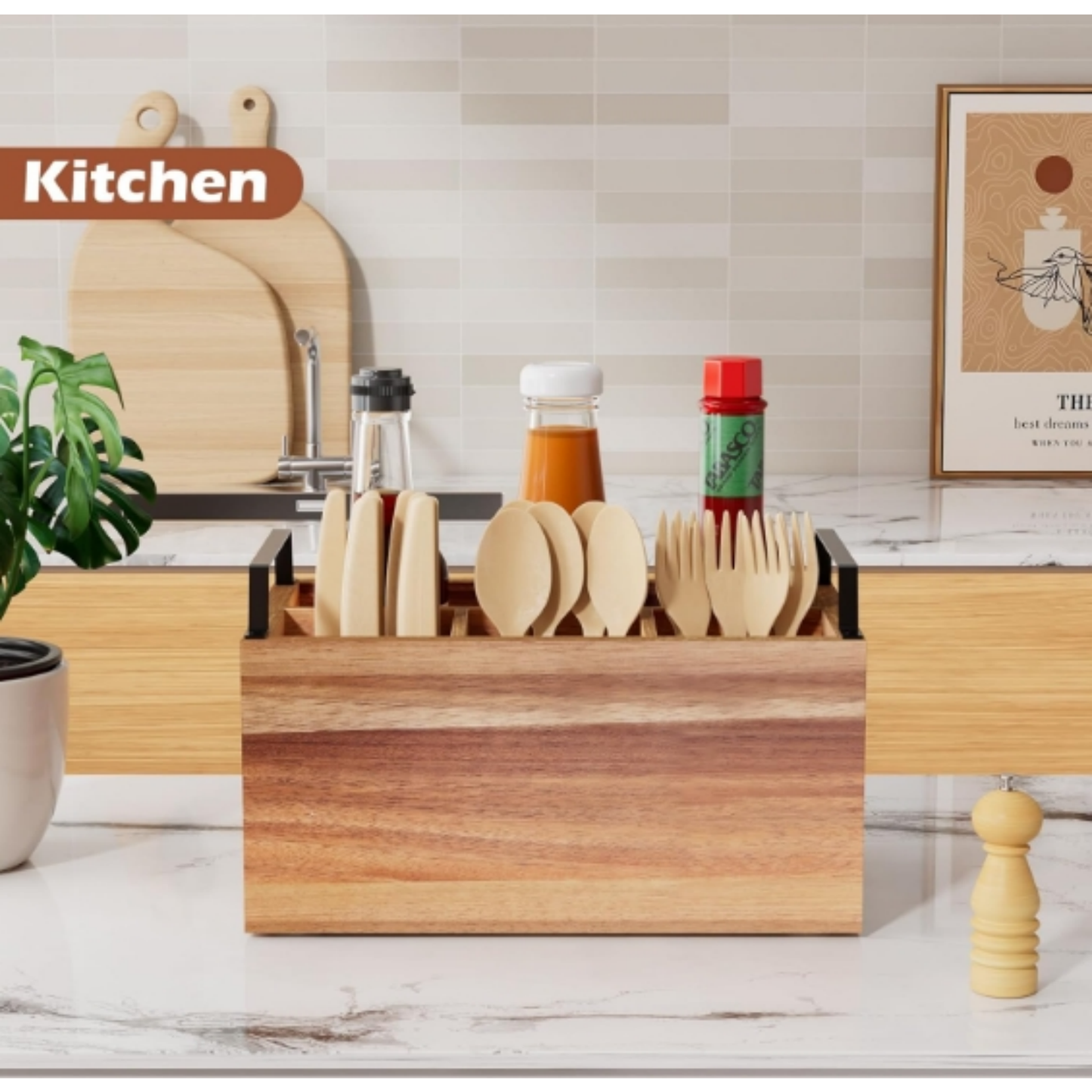 Wholesale 4-Compartment FSC Acacia Wood Silverware Caddy | Premium Utensil Organizer Holder with Metal Handles for Catering & Kitchen