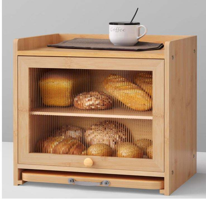 Wholesale Custom FSC Bamboo Bread Box | 2-Layer Kitchen Countertop Food Storage Organizer with Pull-Out Cutting Board
